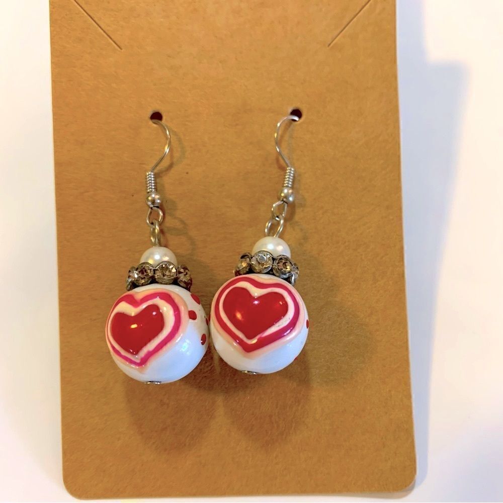 Heart Pierced Earrings Drop Dangle White Red Pink Rhinestones Faux Pearls 1.75”